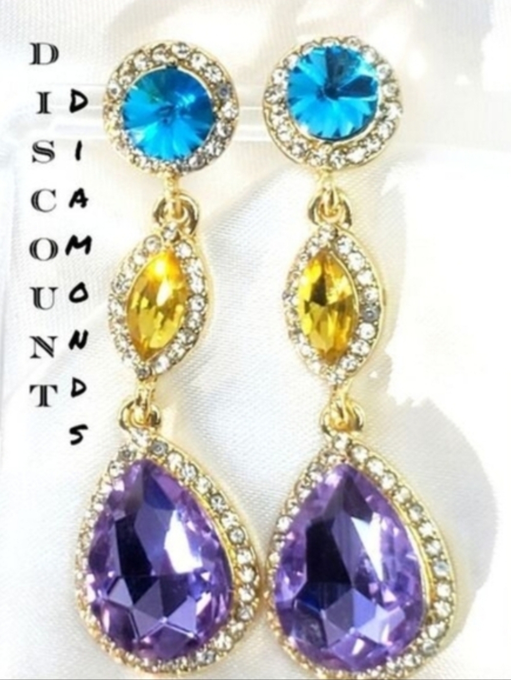 Green, Blue, Purple Topaz  Earrings & Clear White Topaz 14K Gold on 925 Silver